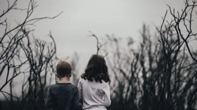 Two children stand side by side with their backs turned to the camera, surrounded by dead branches. This photo is meant to represent the article "Child Care: Determining Injury and Neglect" by MMRBH Law Office