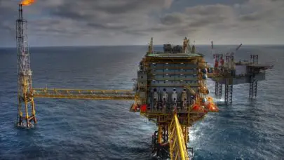 an offshore oil rig on a cloudy day, meant to serve as a header image for the article" 32 things to take with you offshore: an oilfield workers' guide" by MMRBH Law Office